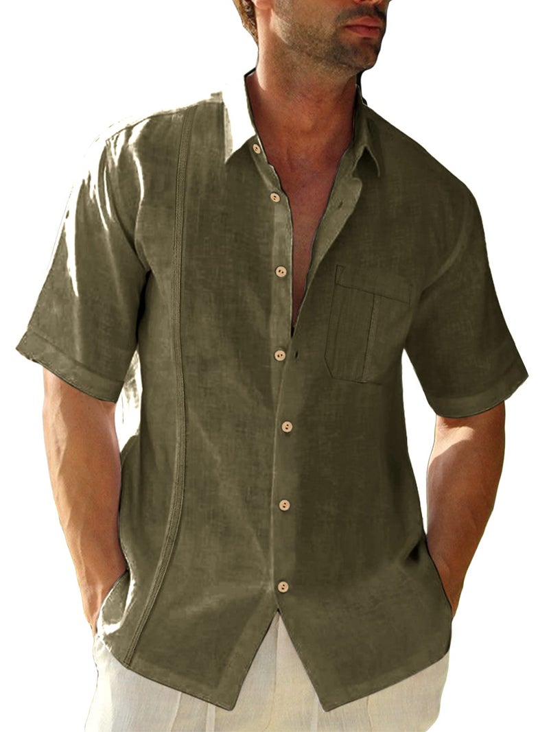Ryannology Mens Beach Linen Shirts Short Sleeve Cuban Button Down Casual Summer T Shirt Guayabera Hawaiian Tee Loose Fit Tops A Army Green - Image 1